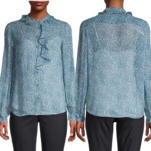 Rebecca Taylor 100%‎ silk chiff ruffle blouse blue floral print women’s size M